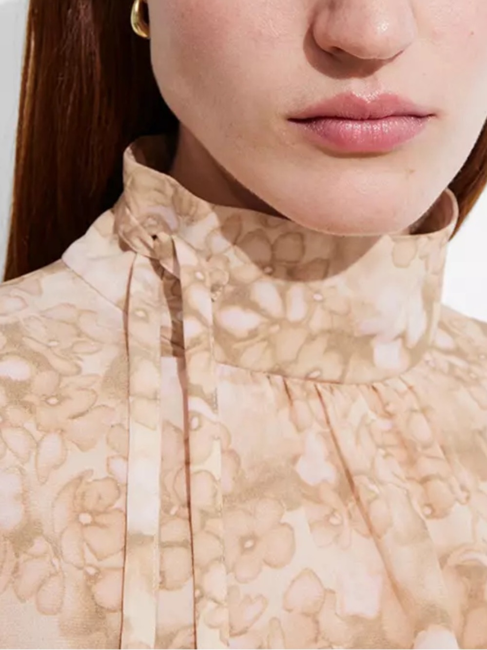 & Other Stories Peach Floral High-Neck Tie Blouse